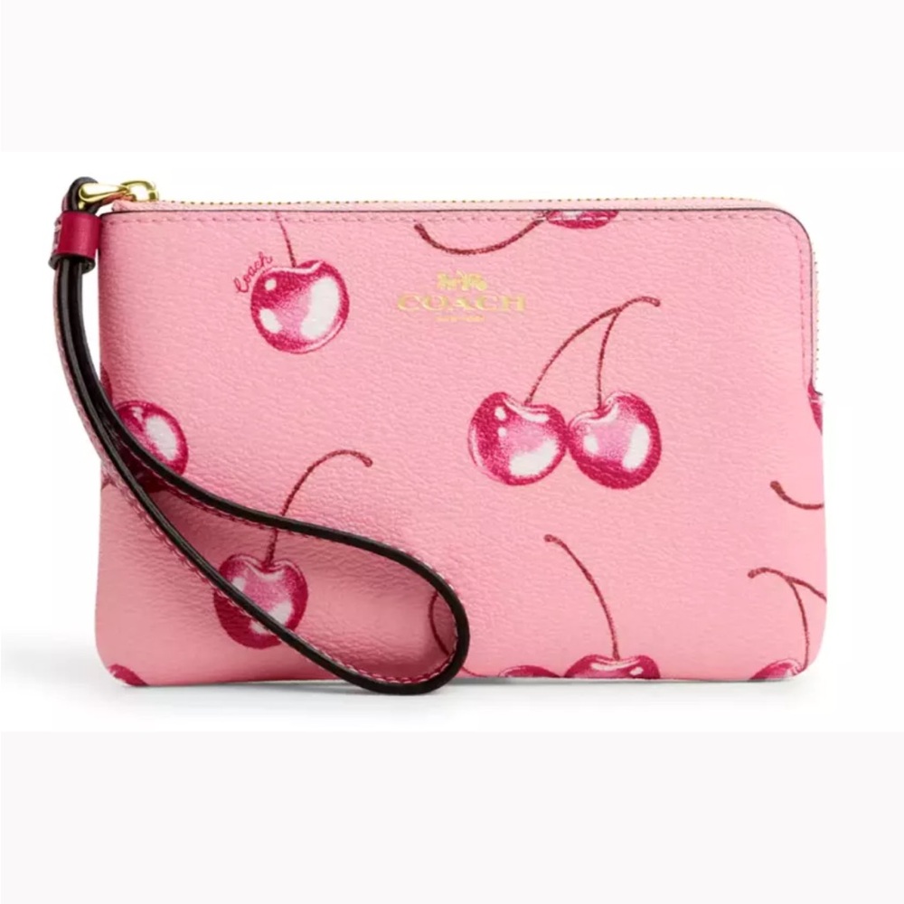 NWOT Coach Corner Zip Wristlet w/ Cherry Print, Pink/Gold - Picture 1 of 8